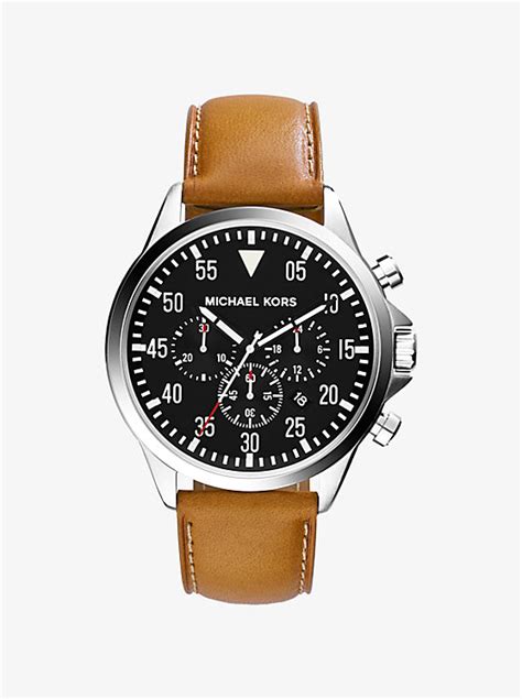 michael kors gage silver tone stainless steel and leather watch